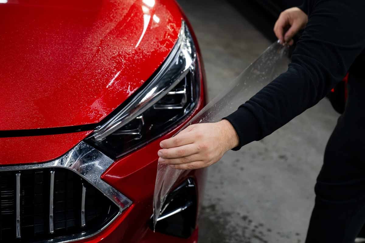 Profissional aplicando PPF em um veículo        