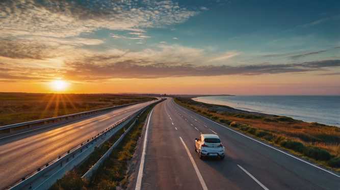 Carro viajando em uma estrada próximo ao mar