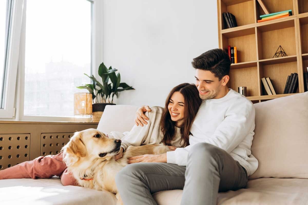 Casal feliz com cachorro no sofá da sala de casa