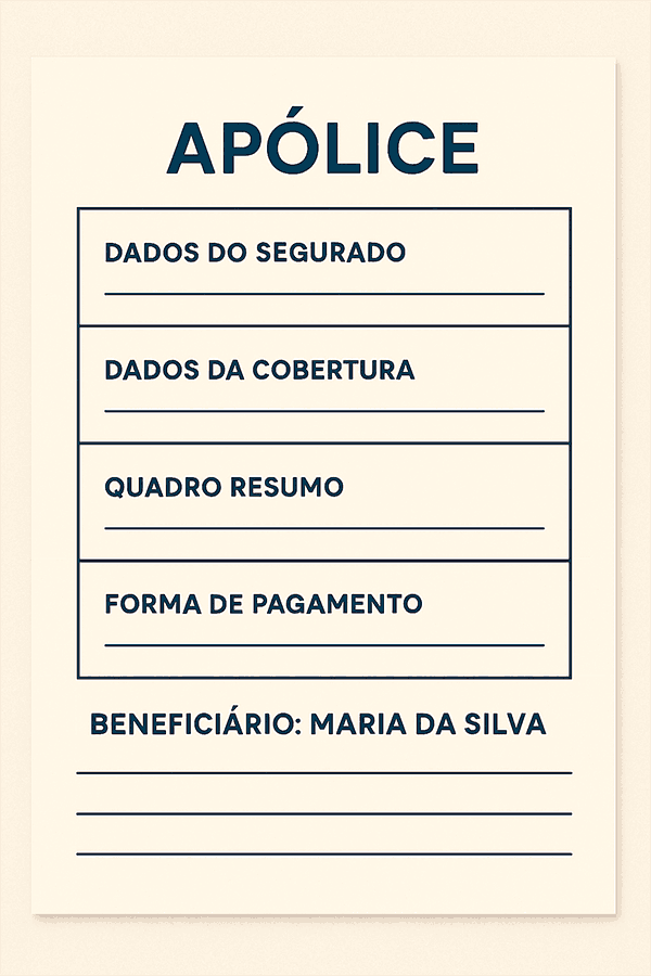 Ilustração de documento de apólice com dados do segurado, cobertura, quadro resumo, forma de pagamento e beneficiário.