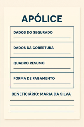 Ilustração de documento de apólice com dados do segurado, cobertura, quadro resumo, forma de pagamento e beneficiário.
