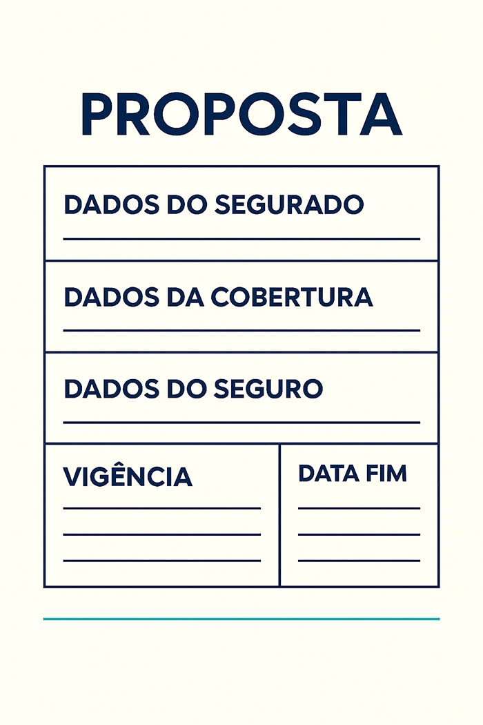 Ilustração de proposta de seguro com dados do segurado, cobertura e vigência