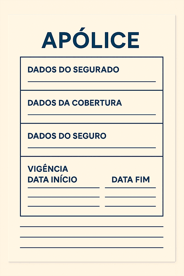 Ilustração de apólice de seguro com dados do segurado, cobertura,  vigência, data de início e data de término