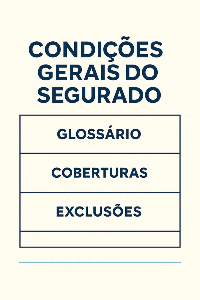 Ilustração do documento de Condições Gerais do Segurado, contendo glossário, coberturas e exclusões