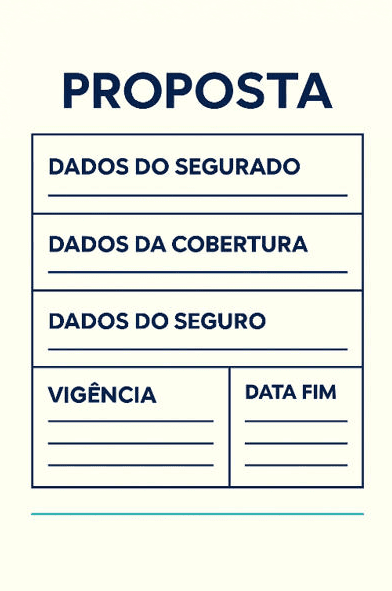 Ilustração de proposta de seguro com dados do segurado, cobertura e vigência