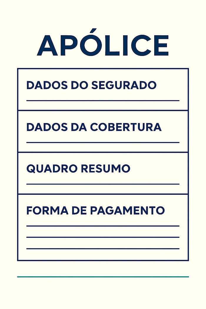 Ilustração de documento de apólice com dados do segurado, cobertura, quadro resumo e forma de pagamento.