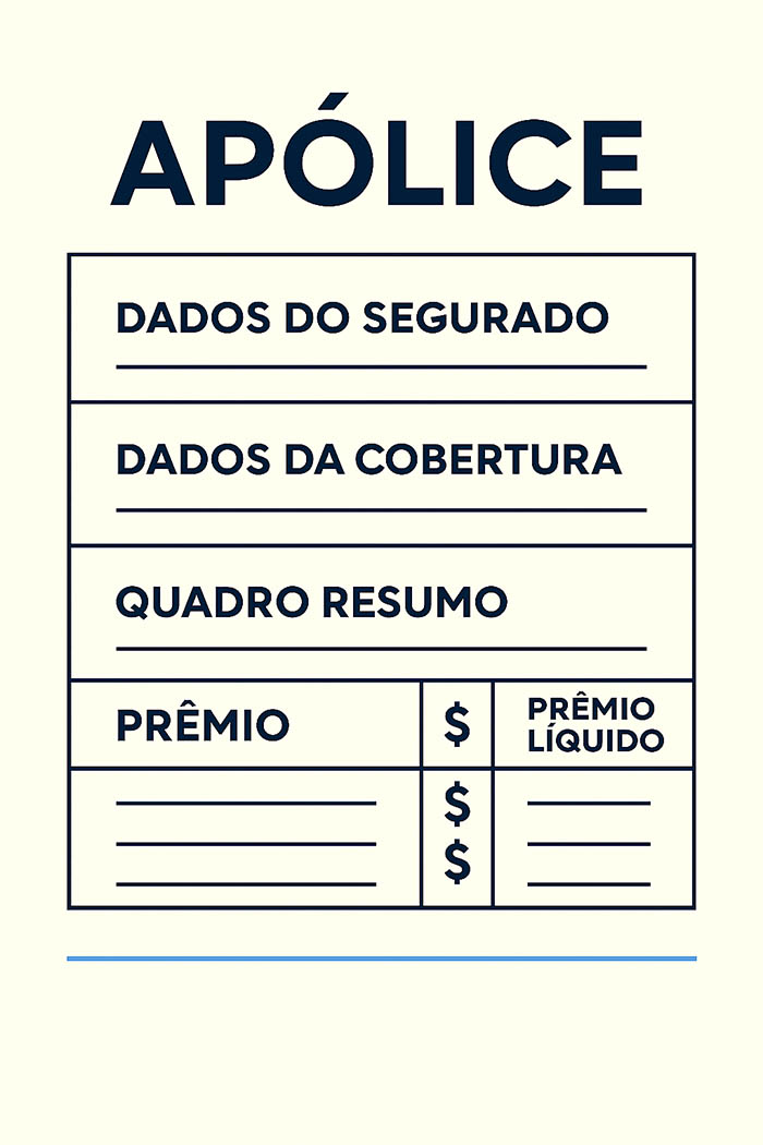 Ilustração do documento de apólice de seguro, com dados do segurado, cobertura, quadro resumo, prêmio e prêmio líquido