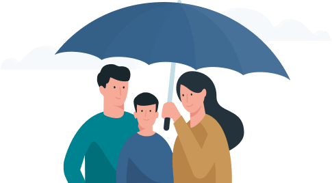 Imagem de uma família com guarda-chuva, que está ao lado do texto que resume o programa "Allianz Responsabilidade Civil Familiar"