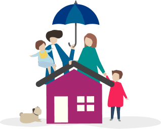 Animação de uma família em casa representando a cotação de seguro residencial
