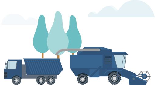 Imagem de caminhões e equipamentos agrícolas, que está ao lado do texto que fala sobre o serviço "Allianz Equipamentos Agrícolas"