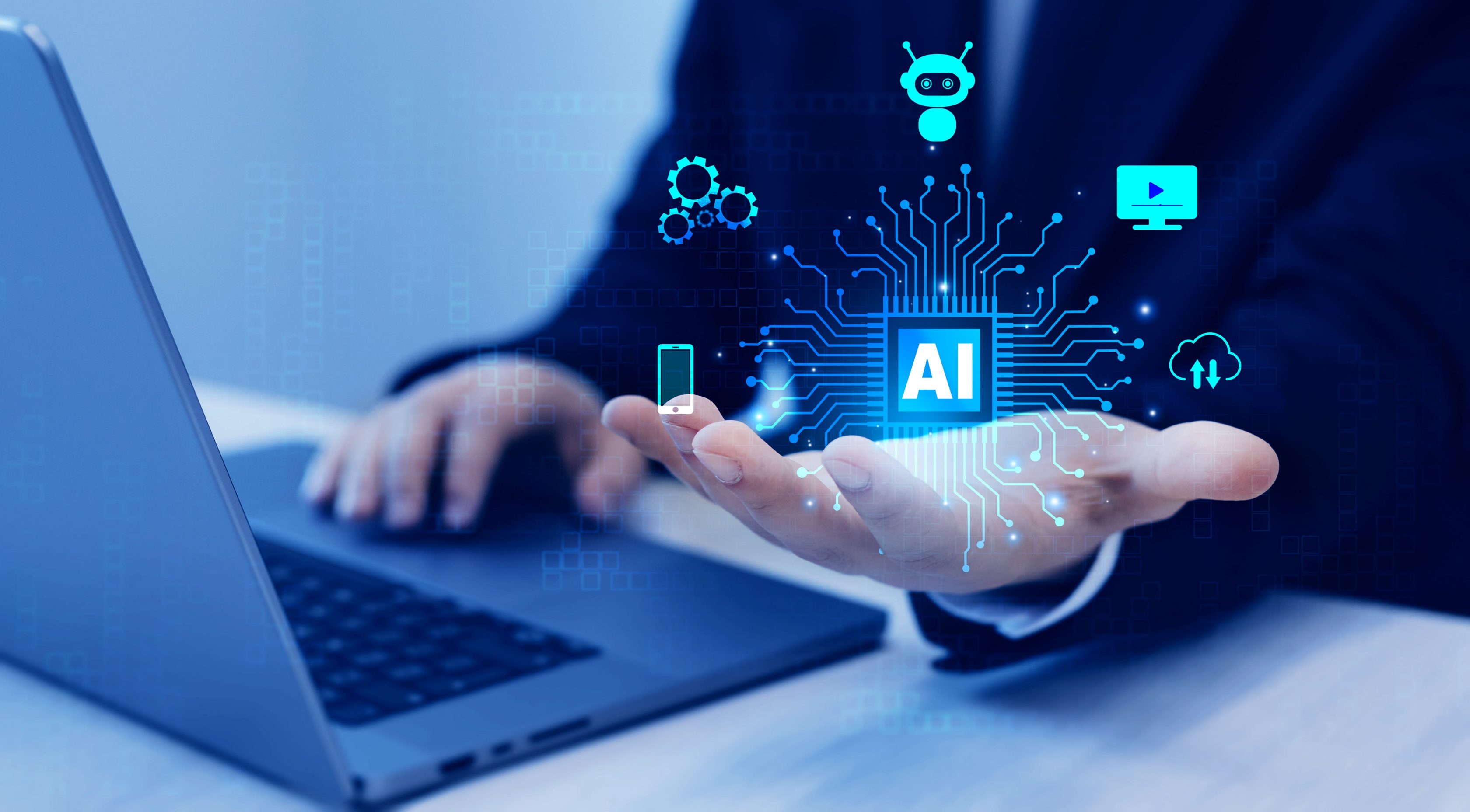 Executivo Allianz estendendo a mão com símbolos de inteligência artificial