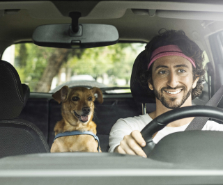 Motorista dirigindo seu automóvel sorrindo acompanhado do seu cachorro