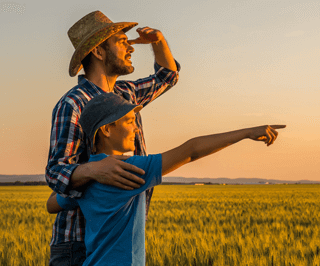 Imagem de um fazendeiro e seu filho abraçados olhando para o horizonte