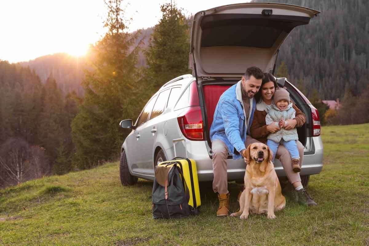 Família com filho e cachorro do lado de fora do carro na natureza.