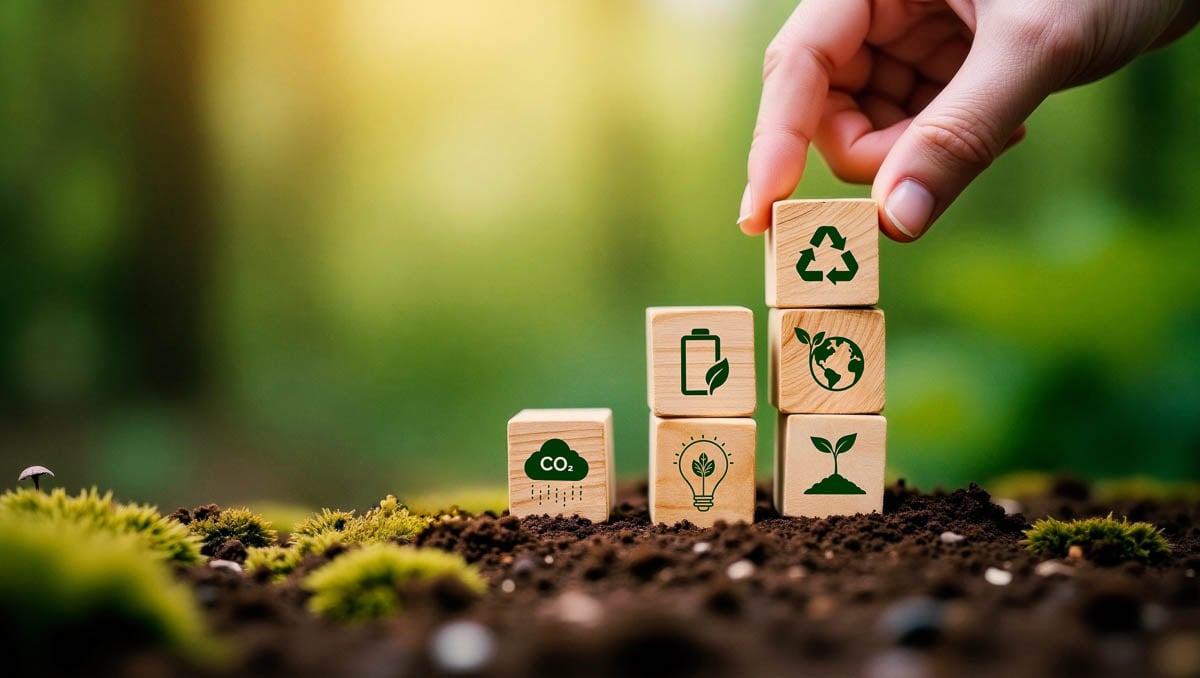 Pessoas empilha pequenos cubos de madeira com ícones de sustentabilidade na terra.