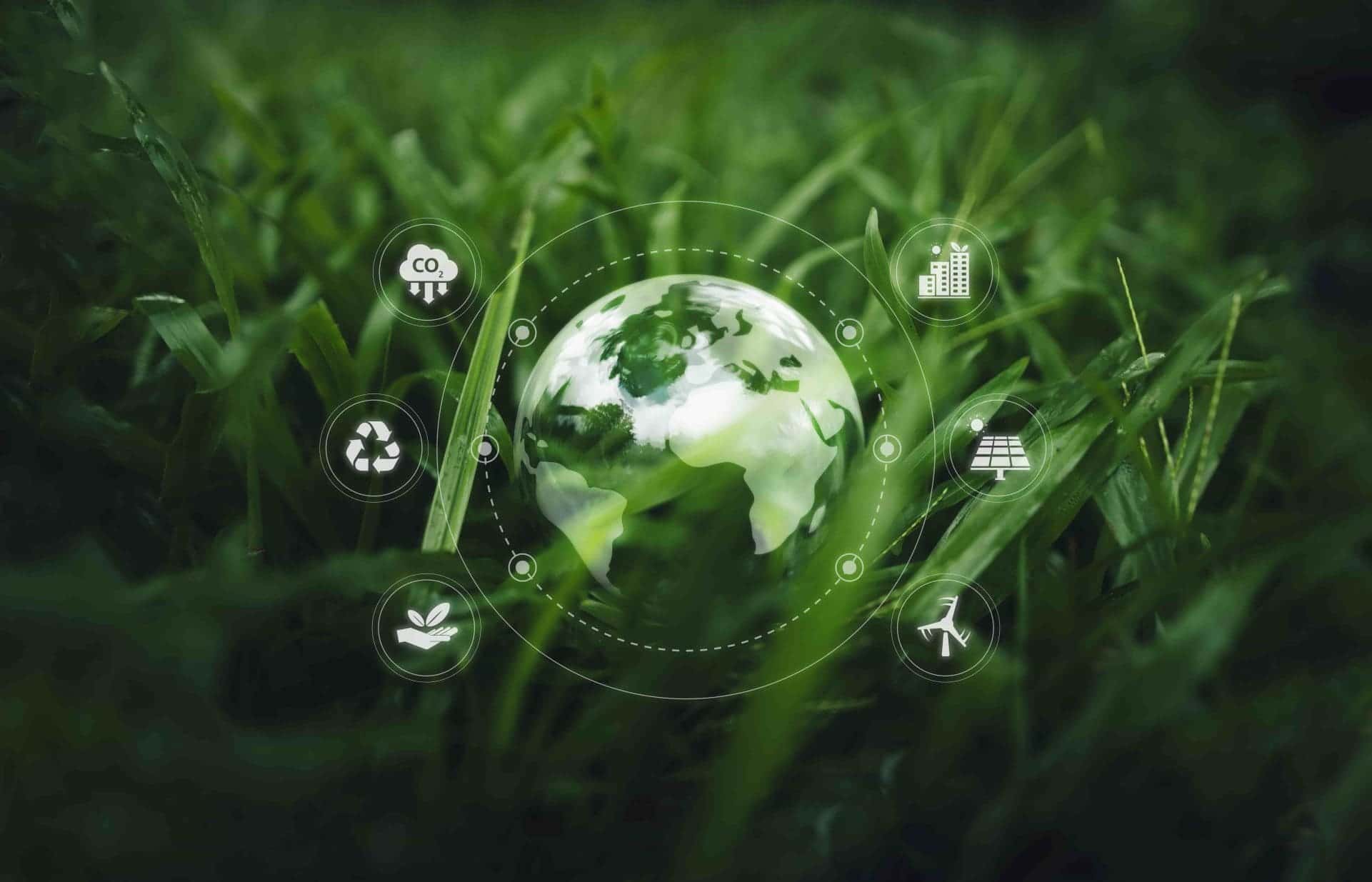 Imagem de um gramado verde com uma figura de planeta terra representando os compromissos sustentáveis da Allianz Seguros.