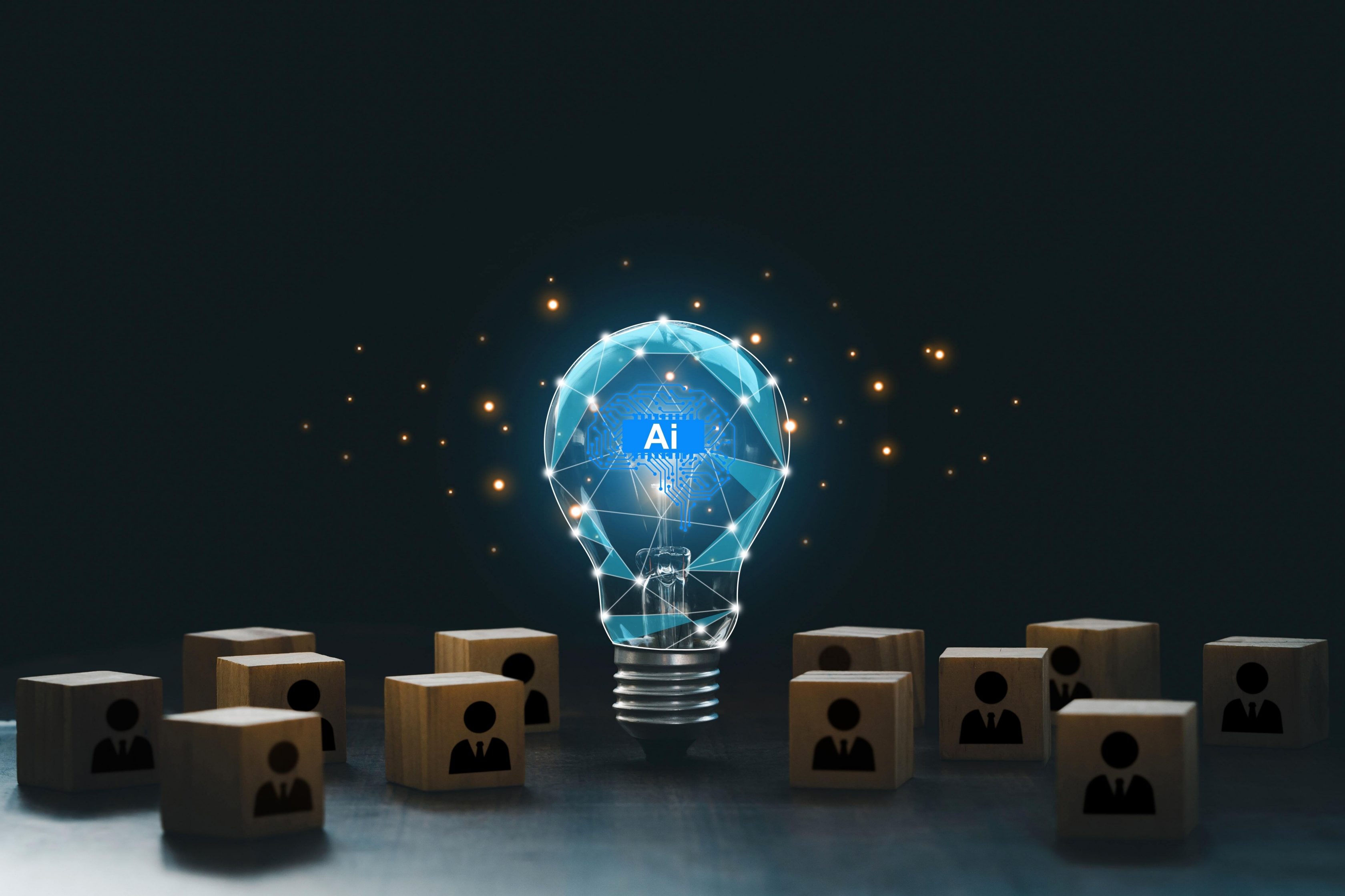 Lâmpada na cor azul com a palavra “AI” ao centro e ícones de pessoas ao redor, representando a inteligência artificial.