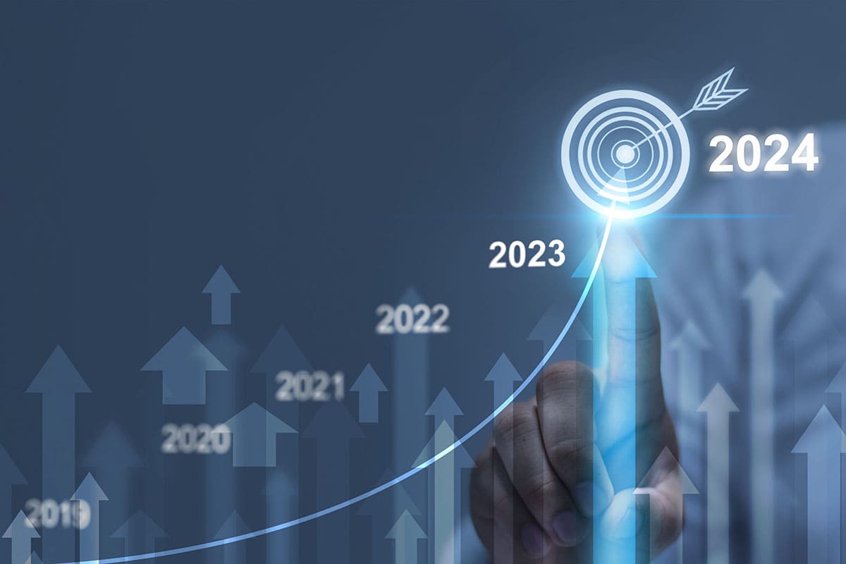 Gráfico digital flutuante crescente, demonstrando aumento significativo do ano de 2019 até 2024.