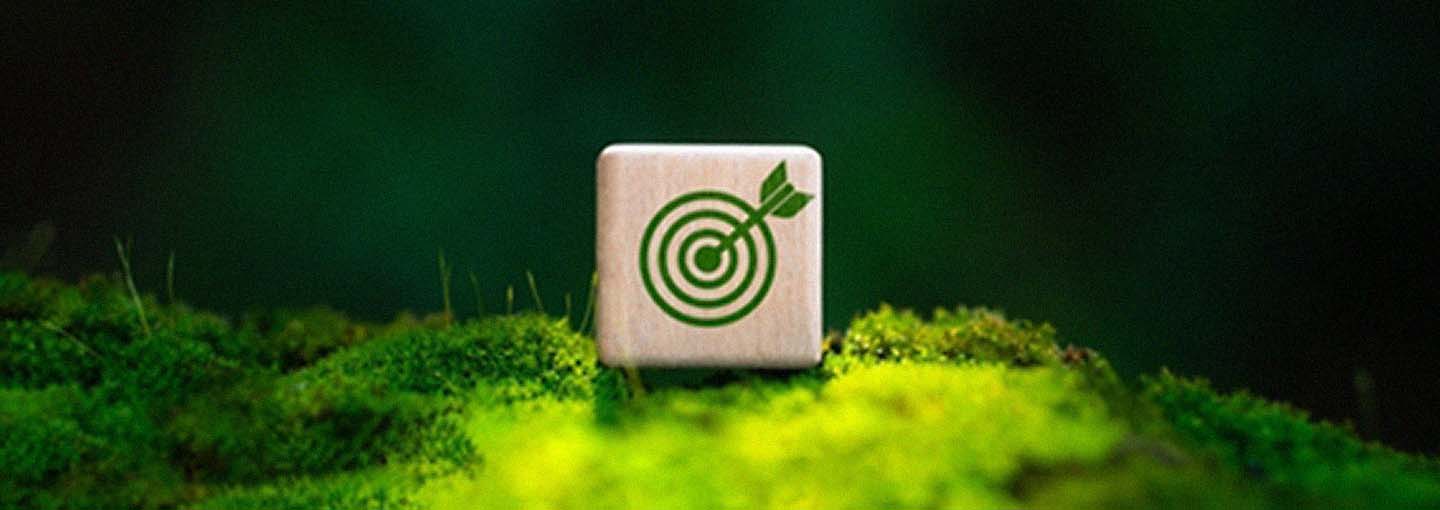 Bloco de madeira com ícone de alvo sobre musgo verde, representando foco e sustentabilidade.