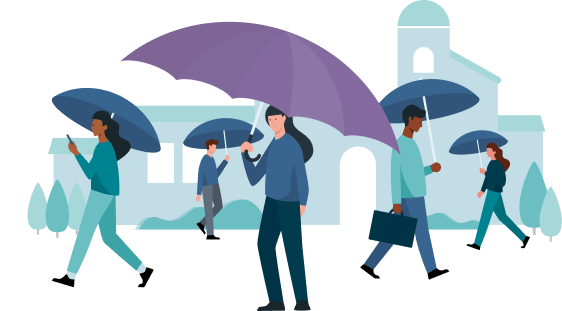 Imagem de pessoas com guarda-chuva que está ao lado do texto que traz mais detalhes sobre o programa "Allianz Vida em Grupo"