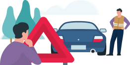 Ilustração de dois homens observando carro parado com a sinalização em formato de triângulo