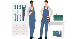 Ilustração de dois mecânicos com as suas ferramentas de trabalho