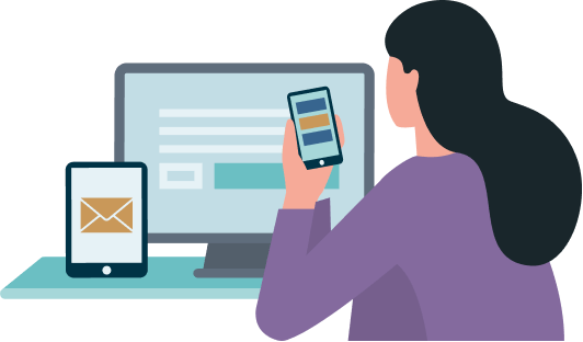 animação de mulher mexendo no computador e no celular representando o App saúde